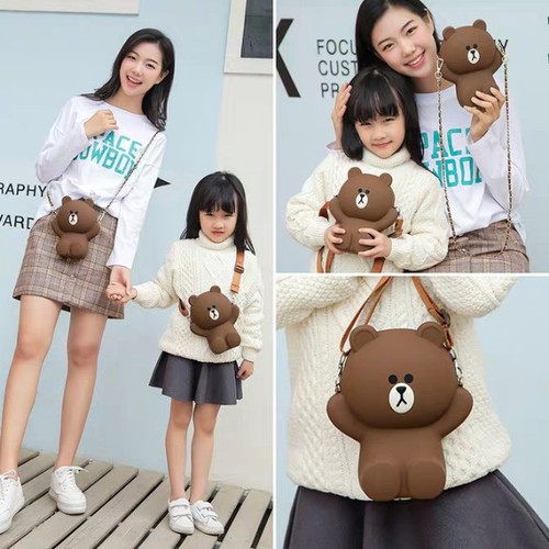 Túi đeo chéo thời trang nữ, túi hình gấu Brown silicon 2 dây siêu dễ thương