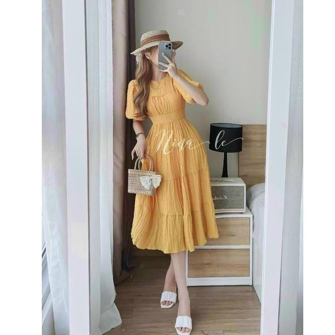 Đầm xoè tiểu thư cổ tròn nhún tầng siêu xinh