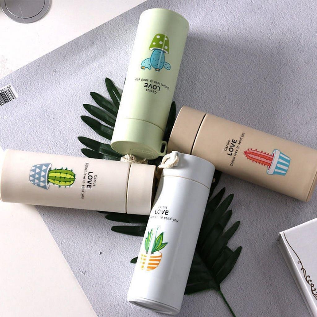 Bình Đựng Nước Lõi Thủy Tinh Vỏ Nhựa Họa Tiết Xương Rồng Dung Tích 450ml