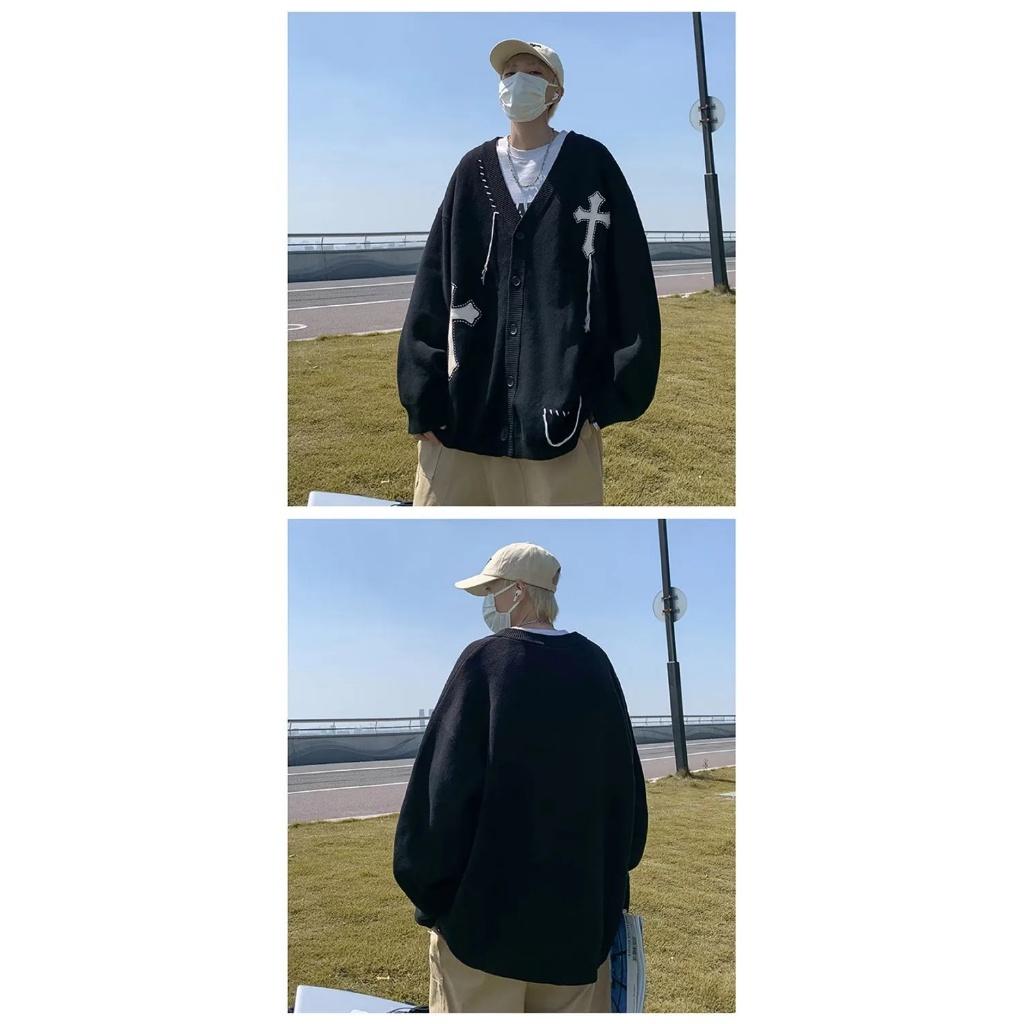 Áo cardigan len Nam Nữ Dệt Kim Thêu Chữ Thập, Áo Khoác Mùa Đông Unisex
