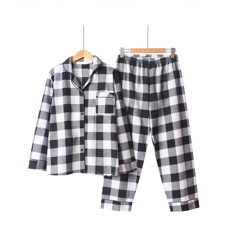 Bộ pyjama nữ vải thô cotton kẻ caro đen trắng trẻ trung