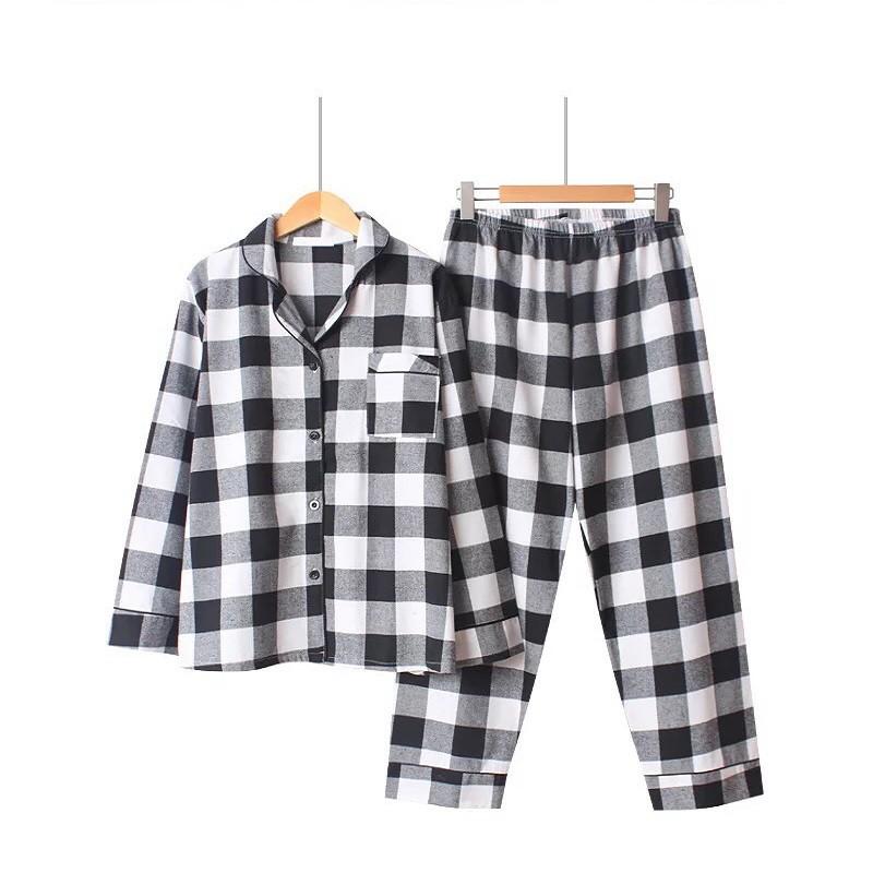 Bộ pyjama nữ vải thô cotton kẻ caro đen trắng trẻ trung (C90)