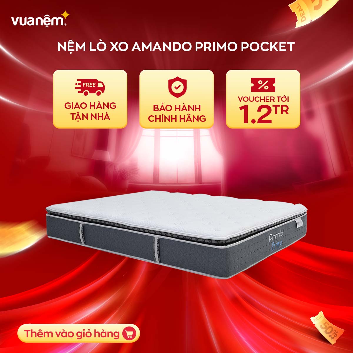 Nệm lò xo cao cấp Amando Primo-pocket - Độ đàn hồi cao, tinh chất gỗ thiên nhiên, khả năng hút ẩm tốt
