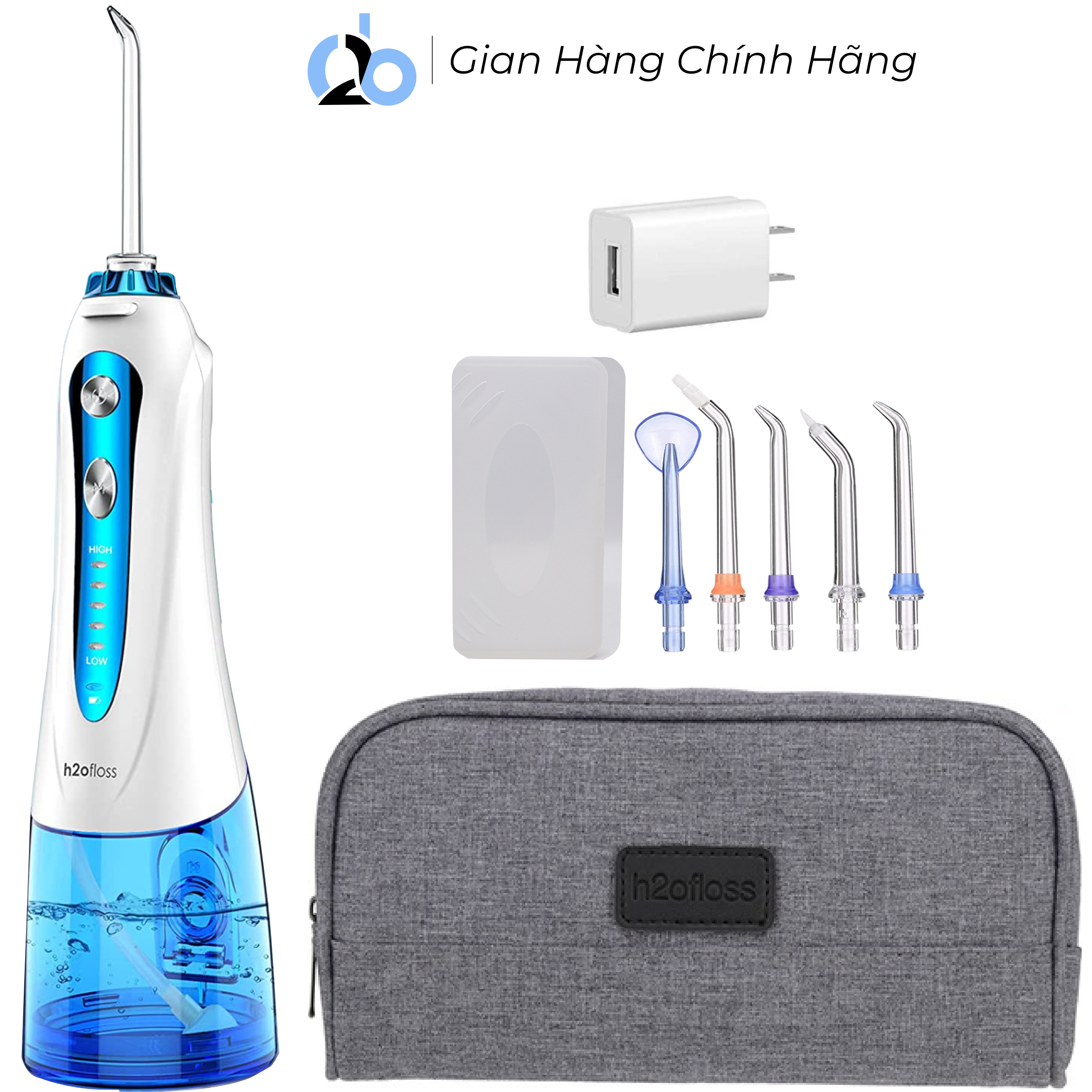 Tăm nước cầm tay H2ofloss HF-2 phiên bản nâng cấp được phân phối độc quyền với nút mở bình nước tiện lợi, tặng kèm 7 đầu tăm, củ sạc nguồn thấp - HF9p xanh