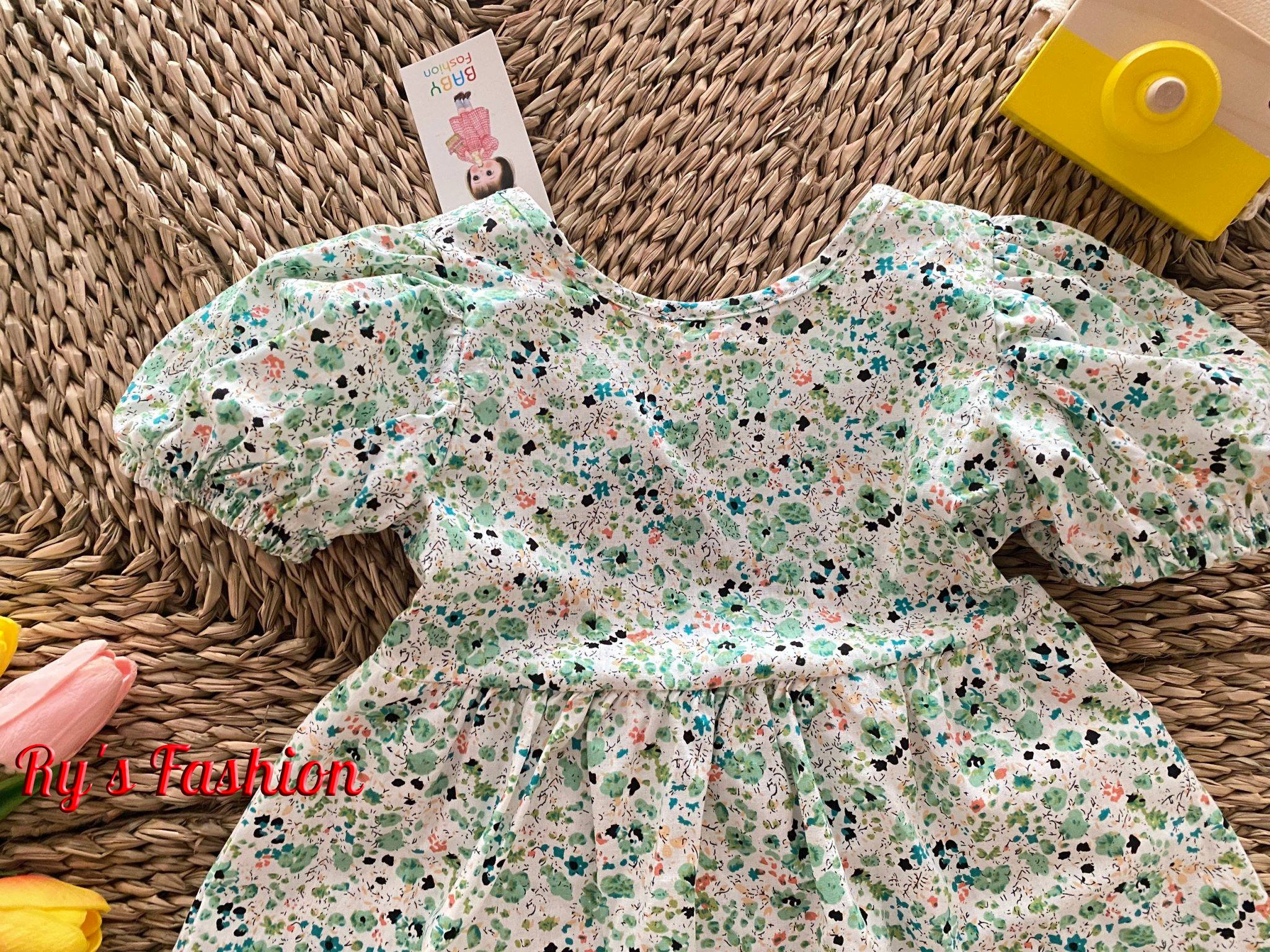 Váy hoa bé gái cotton A01 - Xanh Lá Cây Nhí - Size 3 : 14-16kg