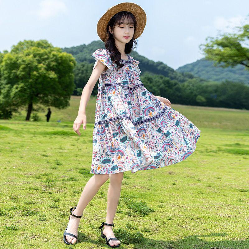 DONGSHOP Váy bé gái mùa hè 2023 váy tây cho trẻ em dân tộc Phong cách lớn mùa hè đầm hoa lỏng lẻo