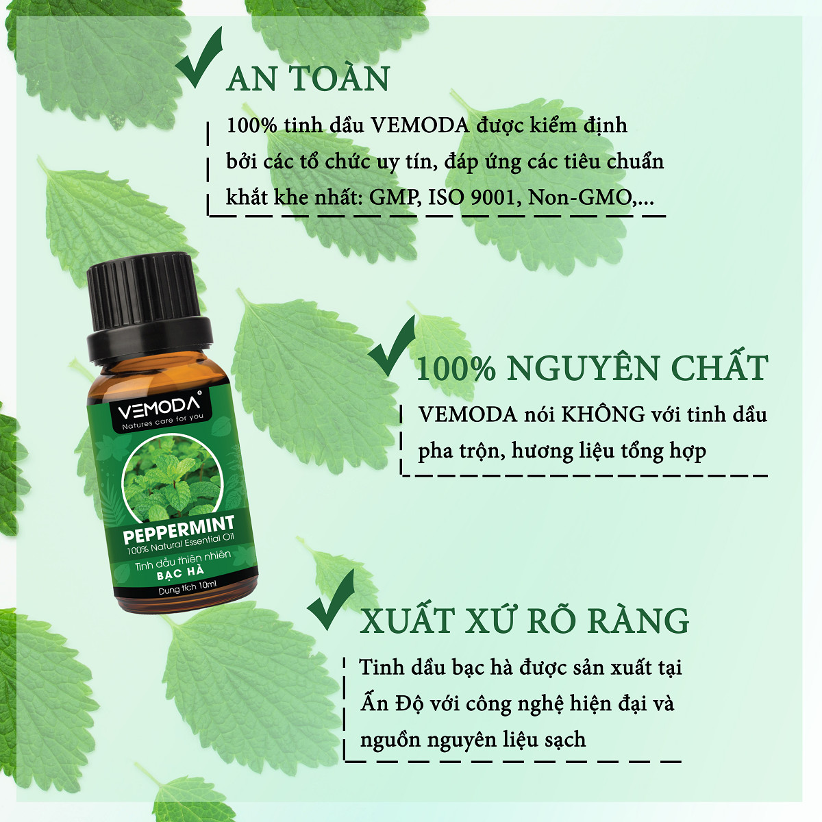 Tinh dầu Bạc hà cao cấp. Peppermint Essential Oil 10ML. Tinh dầu xông phòng giúp thư giãn, kháng khuẩn, giải cảm, xua đuổi côn trùng, chăm sóc răng miệng. Tinh dầu thơm phòng cao cấp Vemoda