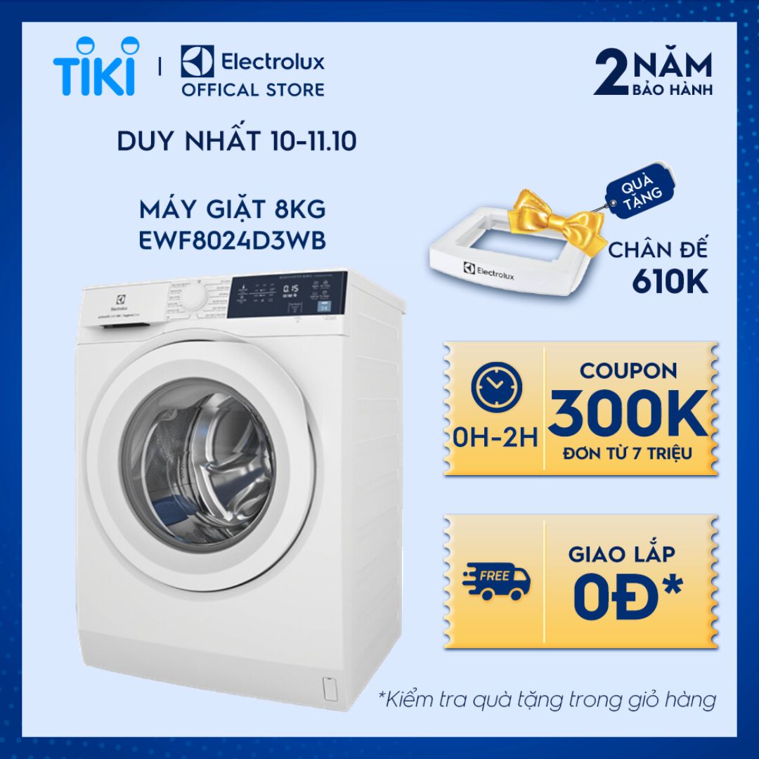 Máy giặt cửa trước Electrolux 8kg EWF8024D3WB - Giặt hơi nước diệt 99.9% vi khuẩn hiệu quả trên nhiều loại vải khác nhau, tiết kiệm điện năng