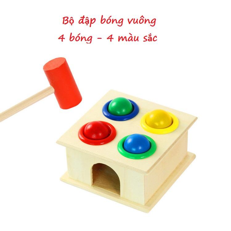 Đồ chơi đập bóng bằng gỗ cho bé KB216027, Bộ đập bóng hình vuông 4 bóng búa gỗ