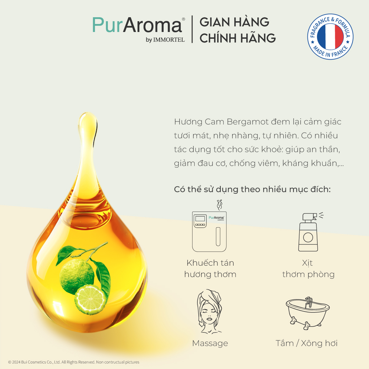 Hình ảnh (Đậm Đặc | Chai Lớn) Tinh dầu nguyên chất PurAroma by IMMORTEL - CAM BERGAMOT - Chính hãng Pháp