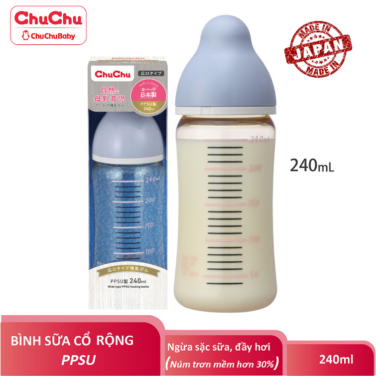 Bình sữa cổ rộng PPSU 240ML new với núm ty mềm Chuchu Baby