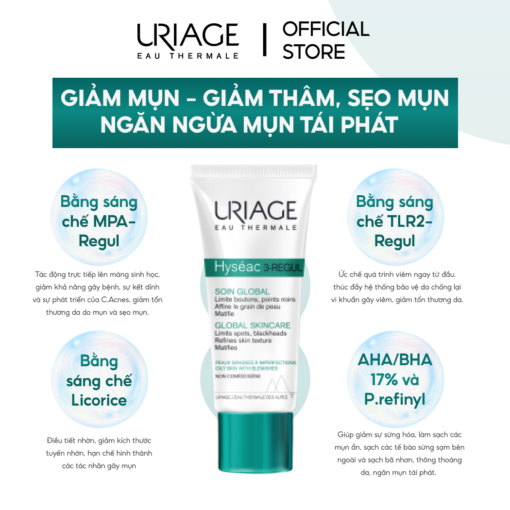 Kem ngăn ngừa mụn trứng cá hỗn hợp không màu URIAGE HYSÉAC 3REGUL SOIN GLOBAL 40ml