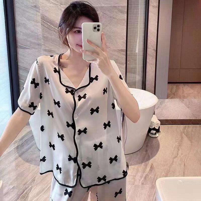 Bộ đồ ngủ lụa Pijama cao cấp họa tiết nơ xinh xắn