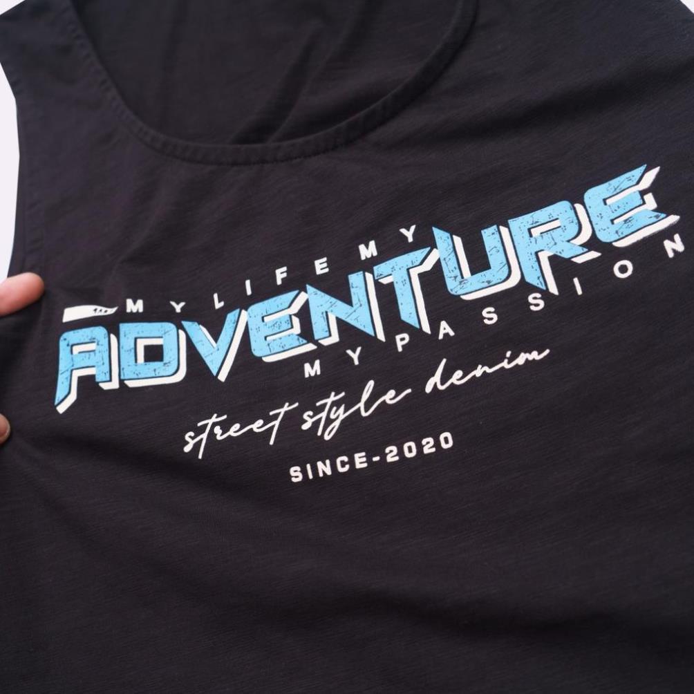 Áo Ba Lỗ Nam In Chữ ADVENTURE Sát Nách Vải Thun Thể Thao Thoáng Mát Co Giãn Thấm Hút Mồ Hôi