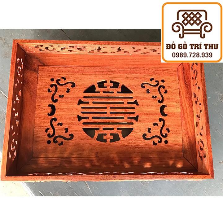 Khay Trà Gỗ Hương Chân Quỳ Đục Song Long Chầu Nguyệt Tứ Diện Cấp Sang Trọng