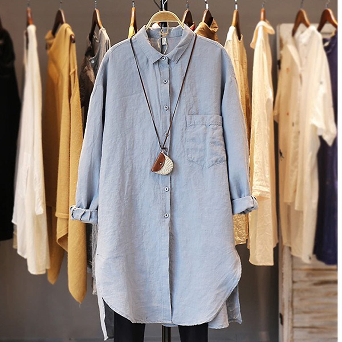 Đầm suông sơ mi dài tay Linen bột Premium form rộng trẻ trung