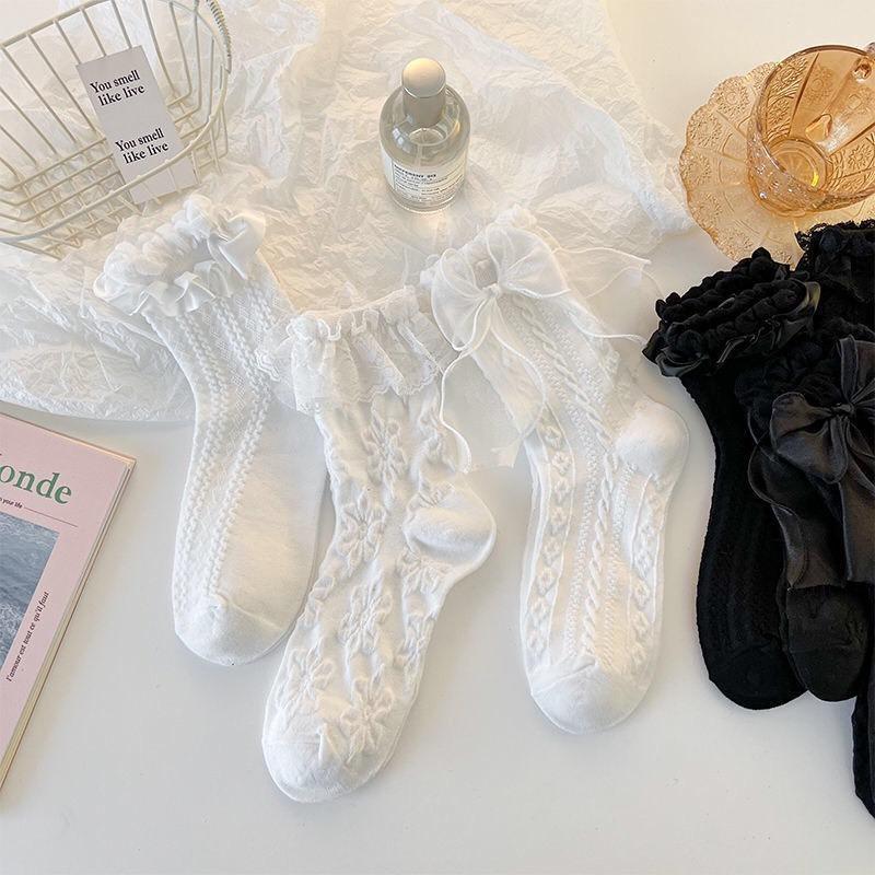 Tất, vớ cổ chân dệt kim GÂN THỔ CẨM VIỀN REN HOA ĐÍNH NƠ phong cách Lolita NhậtBản, cogiãn thoáng khí cho nữ Women