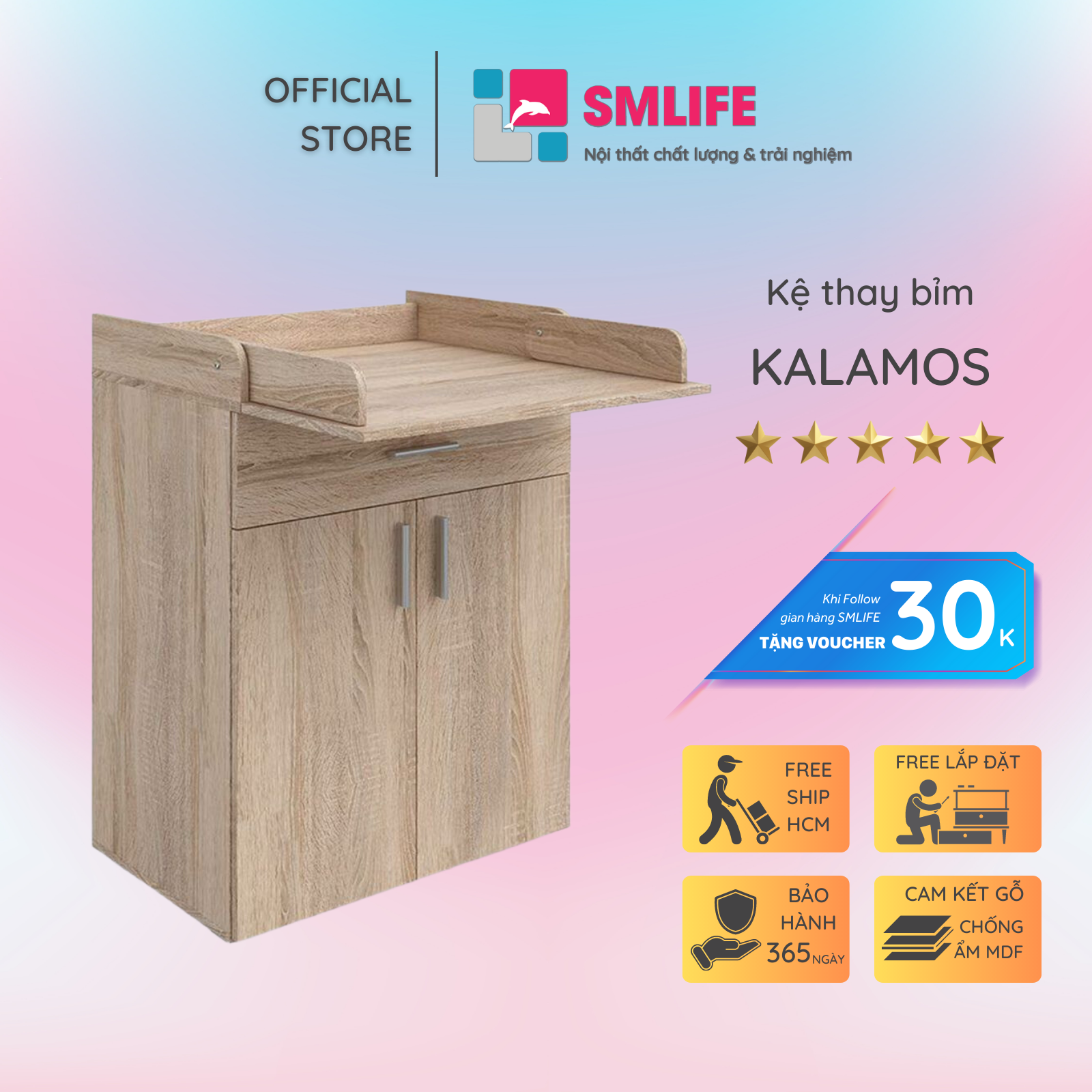 Kệ gỗ thay tã cho bé SMLIFE Kalamos | Gỗ MDF dày 17mm chống ẩm | D75xR80xC100cm