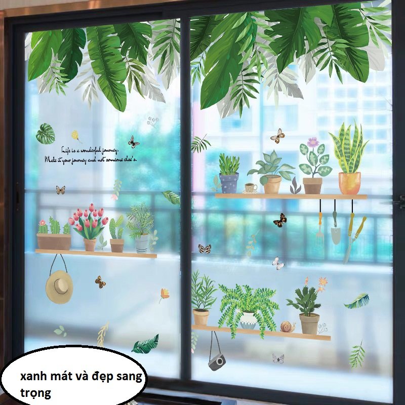 Decal dán tường chậu cây lá xanh nhiệt đới tươi mát