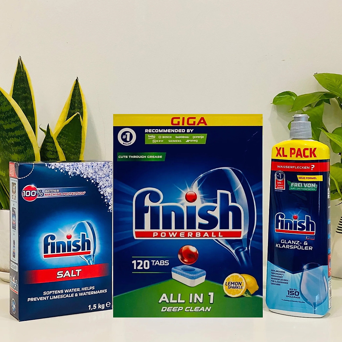 Combo - Viên rửa bát Finish 120 viên + Muối làm mềm nước 1.5kg + Nước Bóng 750ml