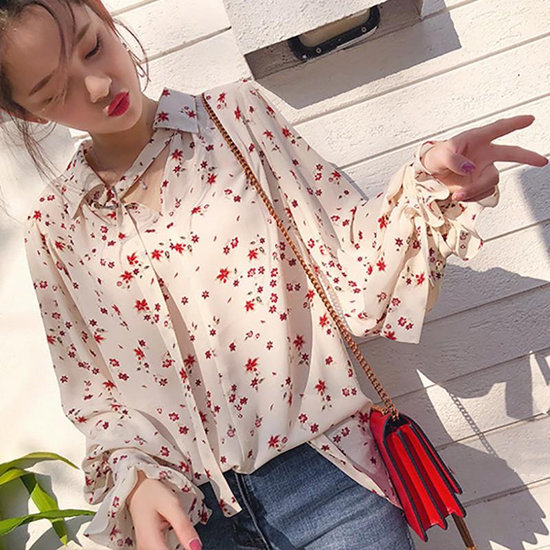 Áo chiffon nữ tay dài phối bèo in hoa phong cách vintage