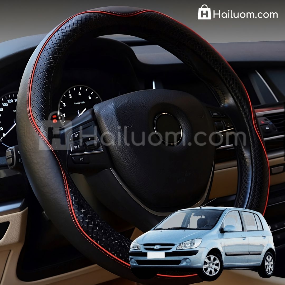 Bọc Vô Lăng ô tô cho HYUNDAI GETZ Da Thật Cao Cấp - Màu Đen Chỉ Đỏ