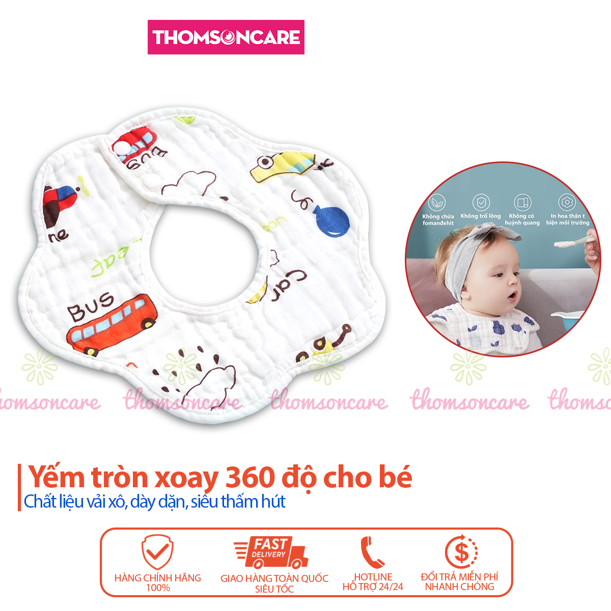 Yếm tròn xoay 360 độ cho bé chất liệu vải xô, dày dặn siêu thấm hút - Giữ ấm cổ, ăn dặm cho bé