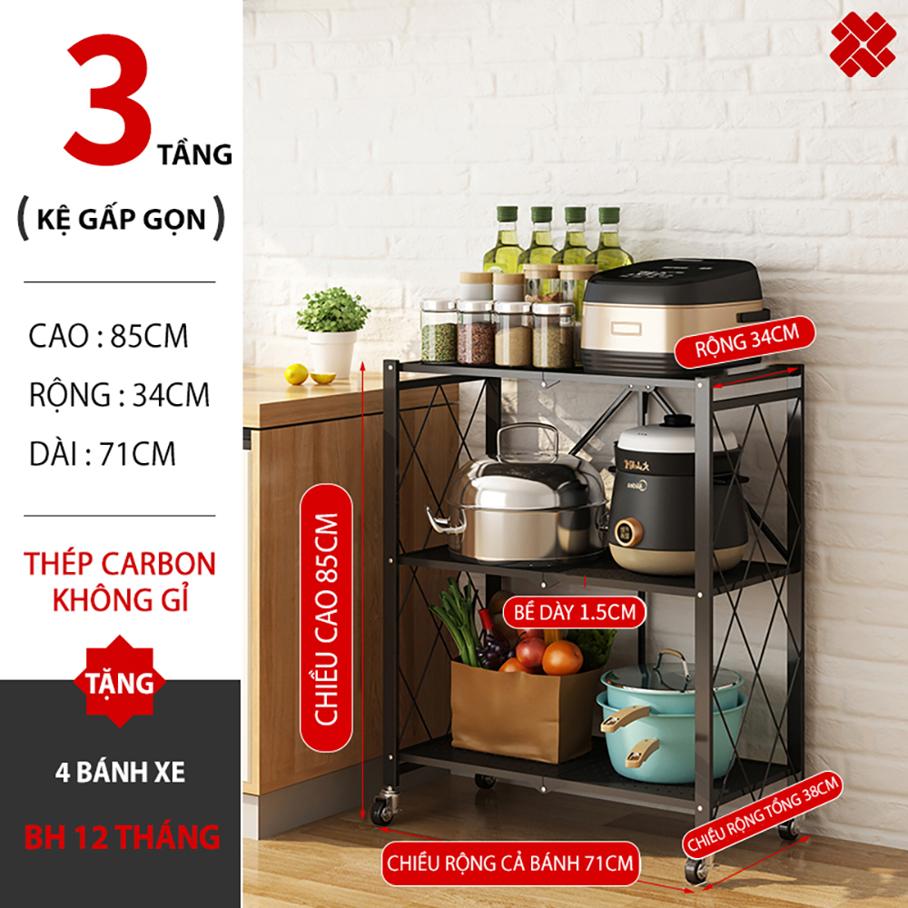 Kệ đa năng gấp gọn 3/4/5 tầng bằng Thép Carbon không gỉ Vando chính hãng, Kệ lò vi sóng có bánh xe, kệ sách trang trí