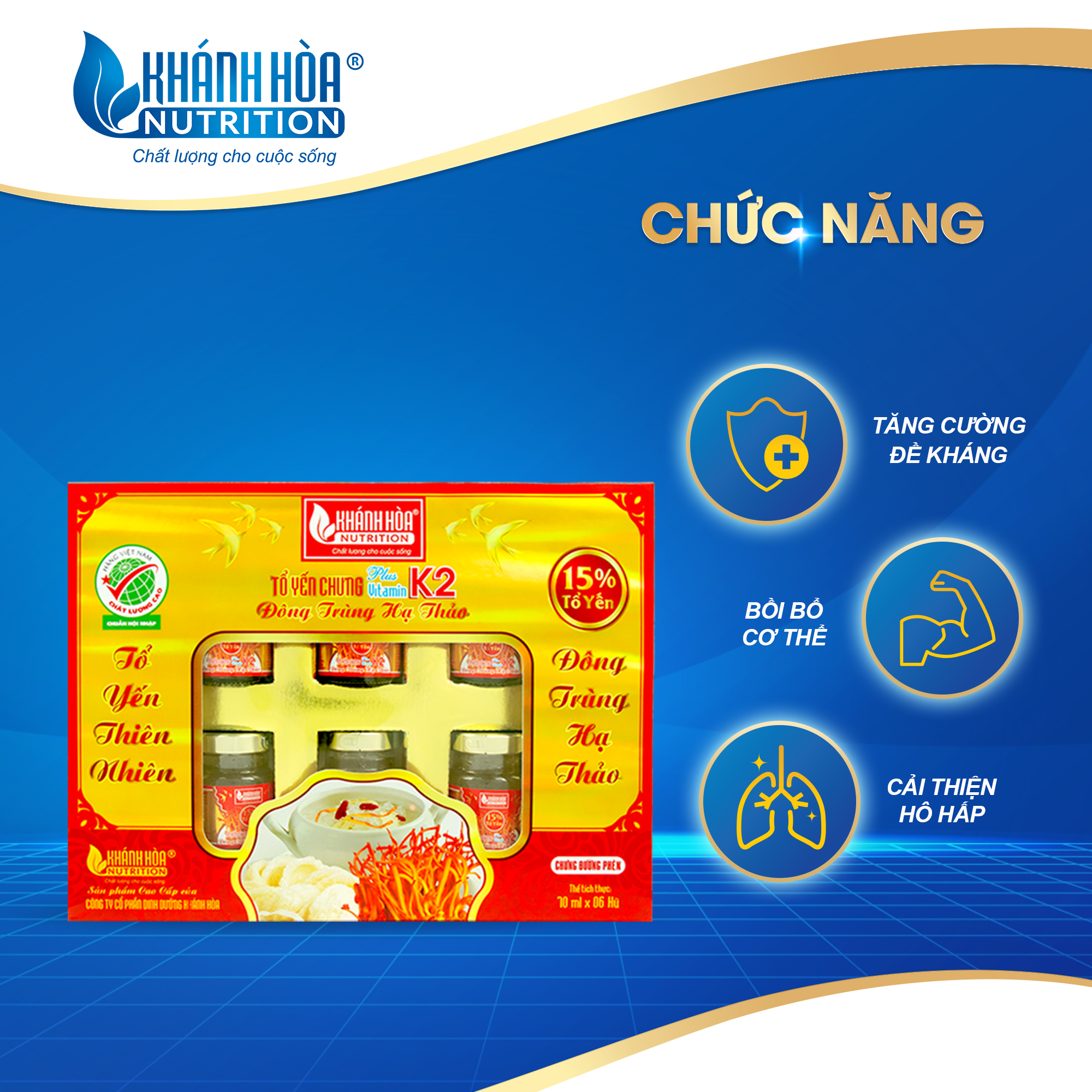 Hộp Quà Tặng 15% Tổ Yến Chưng Đường Phèn Bổ Sung Đông Trùng Hạ Thảo Và Vitamin K2 Khánh Hòa Nutrition – Hộp 6 lọ x 70ml