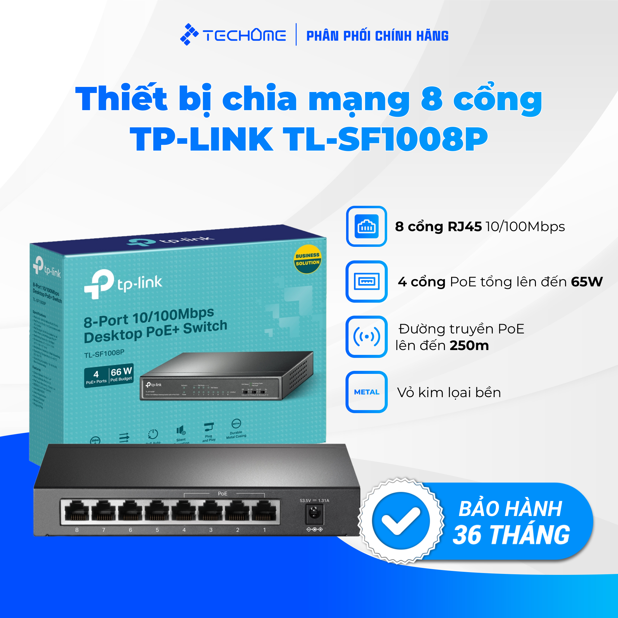 Switch Chia Mạng Để Bàn 8 cổng 10/100Mpbs với 4 cổng PoE+ Tp-link TL-SF1008P - Hàng chính hãng