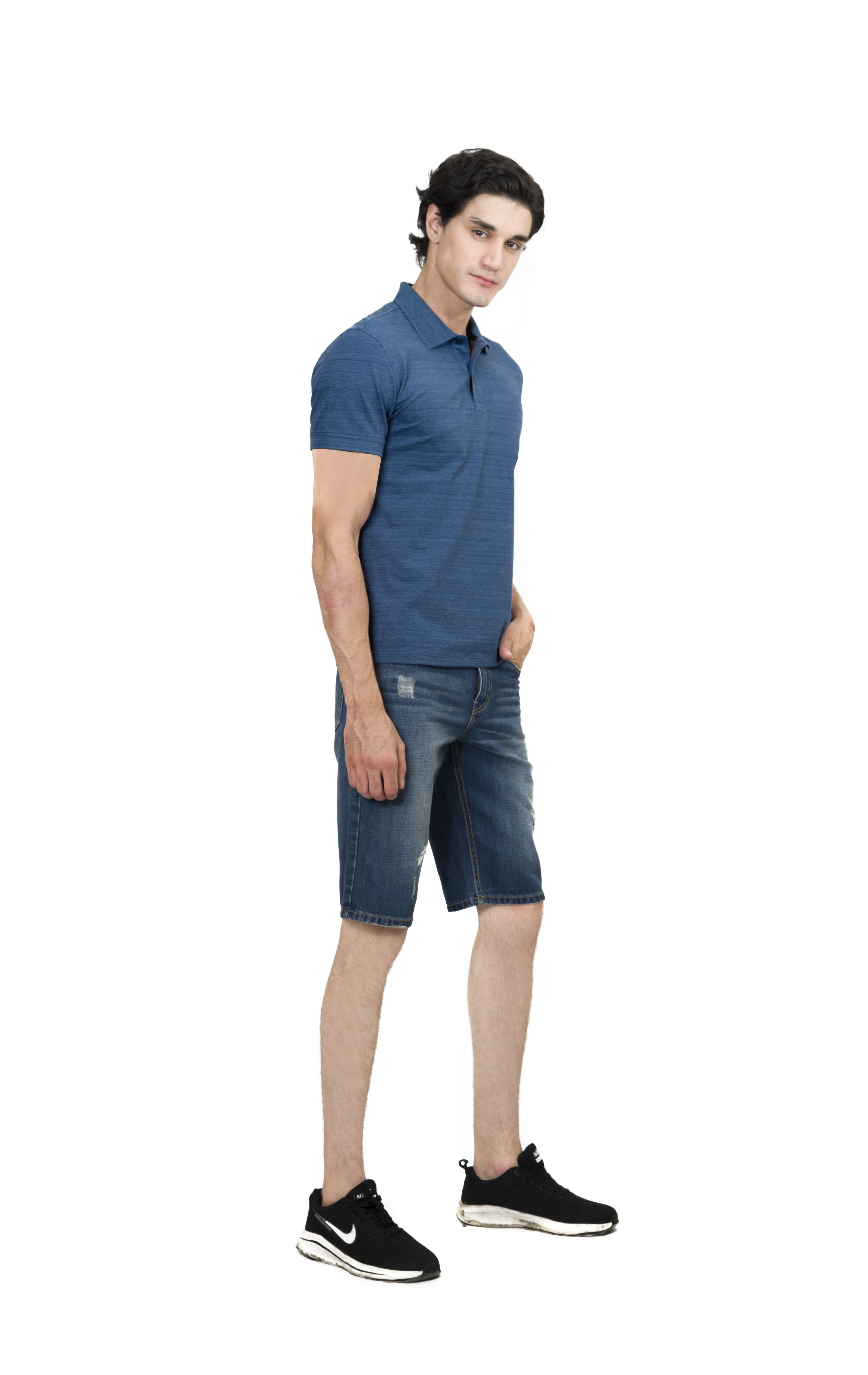 Áo thun Polo melange dệt chìm xương cá không túi xanh blue NATMMDMCSR210110N