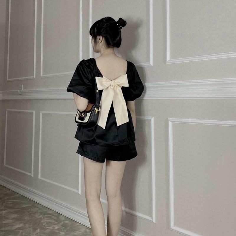 Sét Babydoll Nơ Kem Áo Tay Bồng Siêu Xinhh
