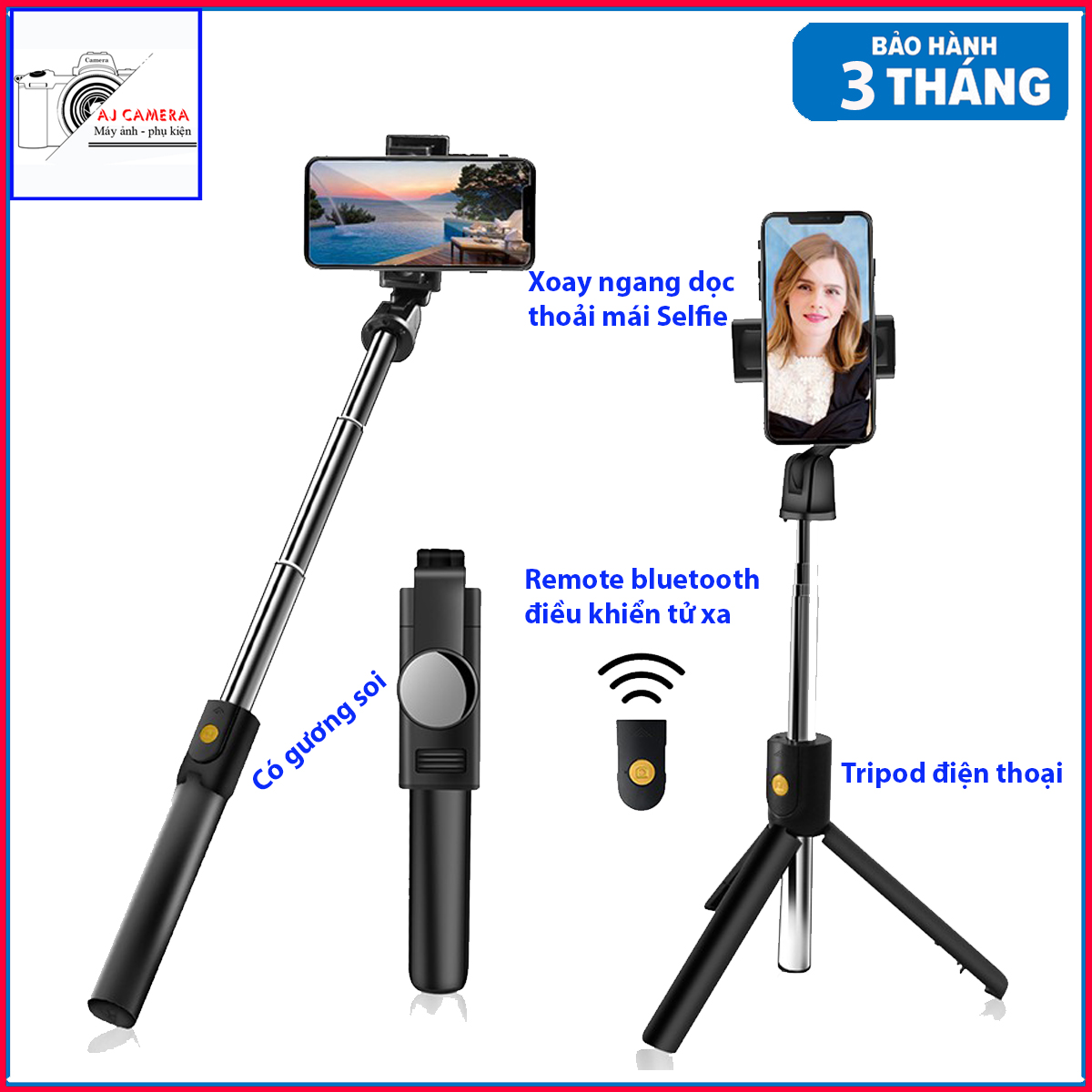 Gậy chụp ảnh selfie, tripod hỗ trợ livestream K10, kết nối bluetooth, xoay 360 độ dành cho Iphone, Samsung