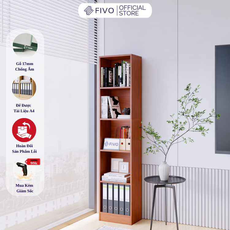 Kệ Sách Gỗ Đứng Đa Tầng Màu Nâu FB73 FIVO, Gỗ Chống Ẩm Cao Cấp, Diện Tích Rộng Rãi Để Sách A4, Các Tập Hồ Sơ Lớn