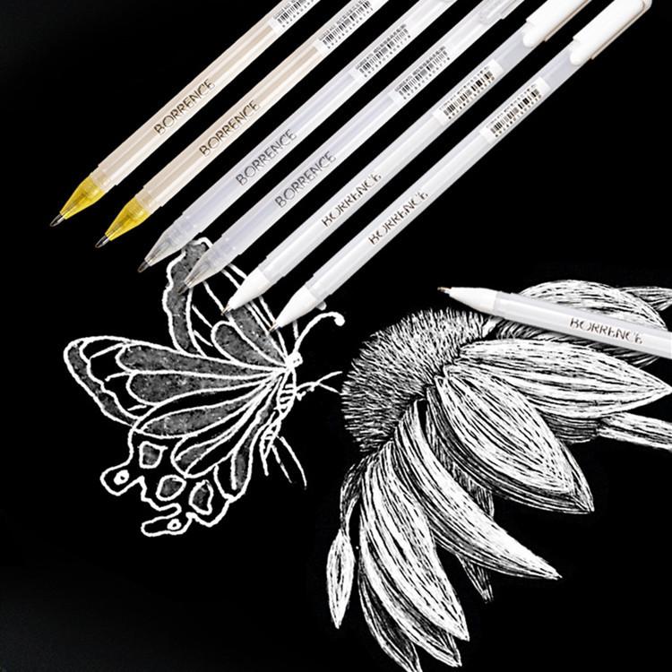 Bút trắng, 6 chiếc bút acrylic Bút đánh dấu, Bút gel trắng dành cho nghệ sĩ với đầu 0,8mm, Bút bi lăn màu trắng để vẽ phác thảo trên giấy đen