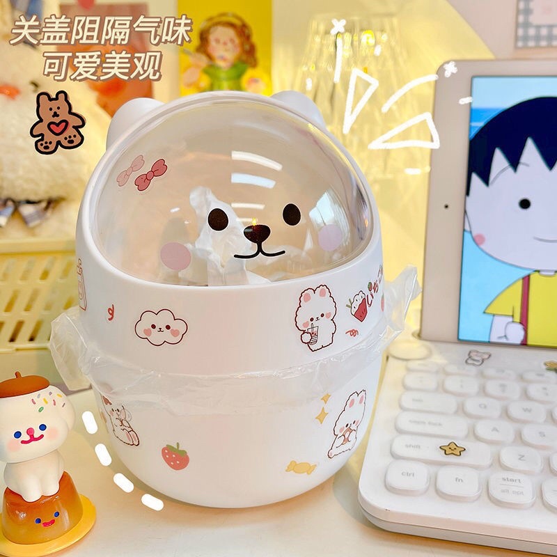 Thùng rác mini có nắp đậy để bàn hình gấu mèo cute sọt đựng rác thông minh dễ thương văn phòng phẩm