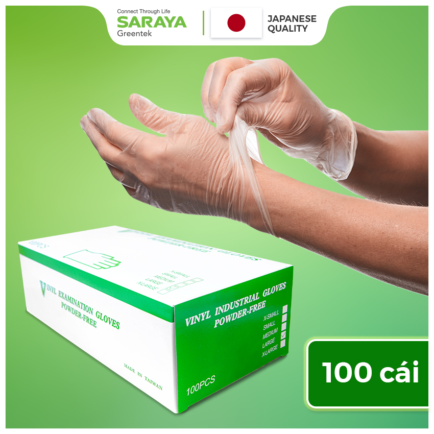 Găng Tay SARAYA VINYL KHÔNG BỘT SIZE (S,M,L) Dùng Trong Thực Phẩm, Vệ Sinh (Powder Free Vinyl Glove) - 100 CHIẾC/HỘP