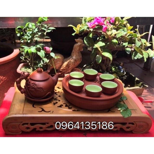 BỘ ẤM CHÉN ĐẤT ĐỎ ĐẮP NỔI HOA PHÙ DUNG GỐM SỨ BÁT TRÀNG