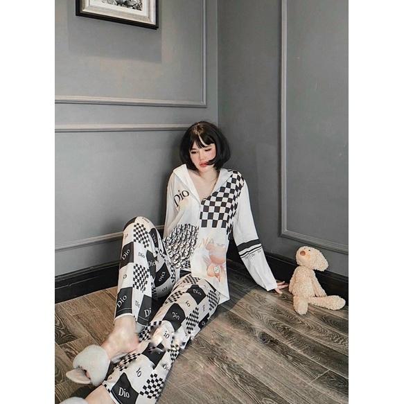 BỘ PIJAMA LỤA CAO CẤP TAY NGẮN Ô TRẮNG