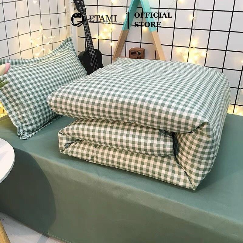 Bộ chăn ga gối đệm cao cấp cotton poly kẻ xanh cute miễn phí bo chun drap giường , ga trải giường P13