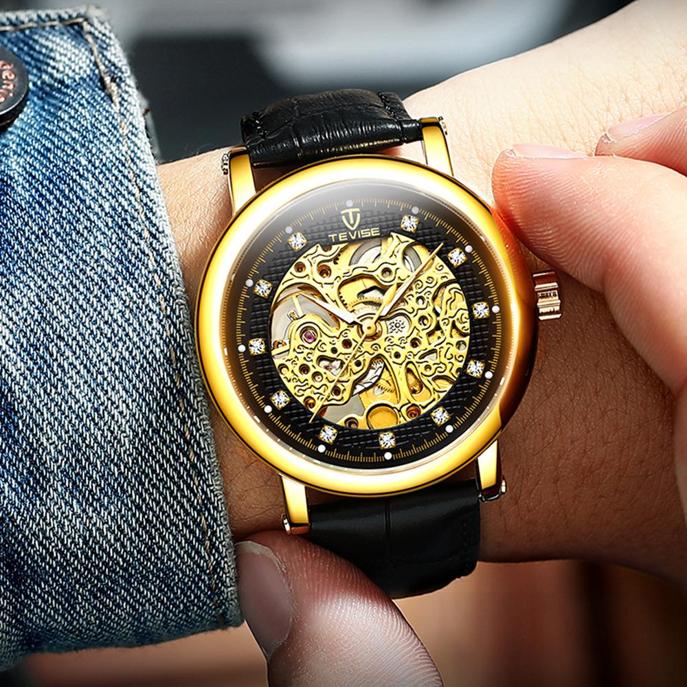 Đồng hồ cơ tự động TEVISE Men Dây da với Vảy kim cương Con trỏ dạ quang 3ATM Thời trang nam chống thấm nước