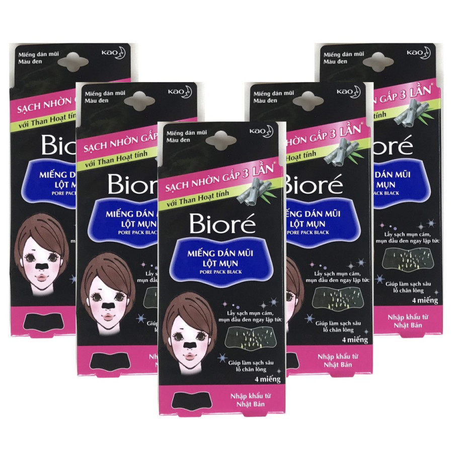Combo 5 Hộp Miếng Dán Mũi Lột Mụn Than Hoạt Tính Biore Pore Pack Black dành cho nữ