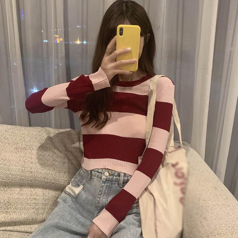 Áo len rộng họa tiết sọc tay dài chống nắng thời trang nữ