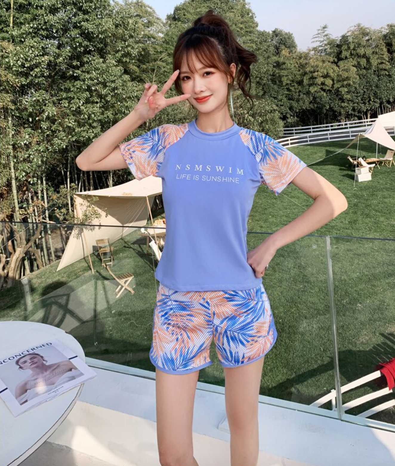 Bộ đồ bơi bikini nữ hai mảnh kín đáo đi tắm biển giấu bụng áo cộc tay - B.28