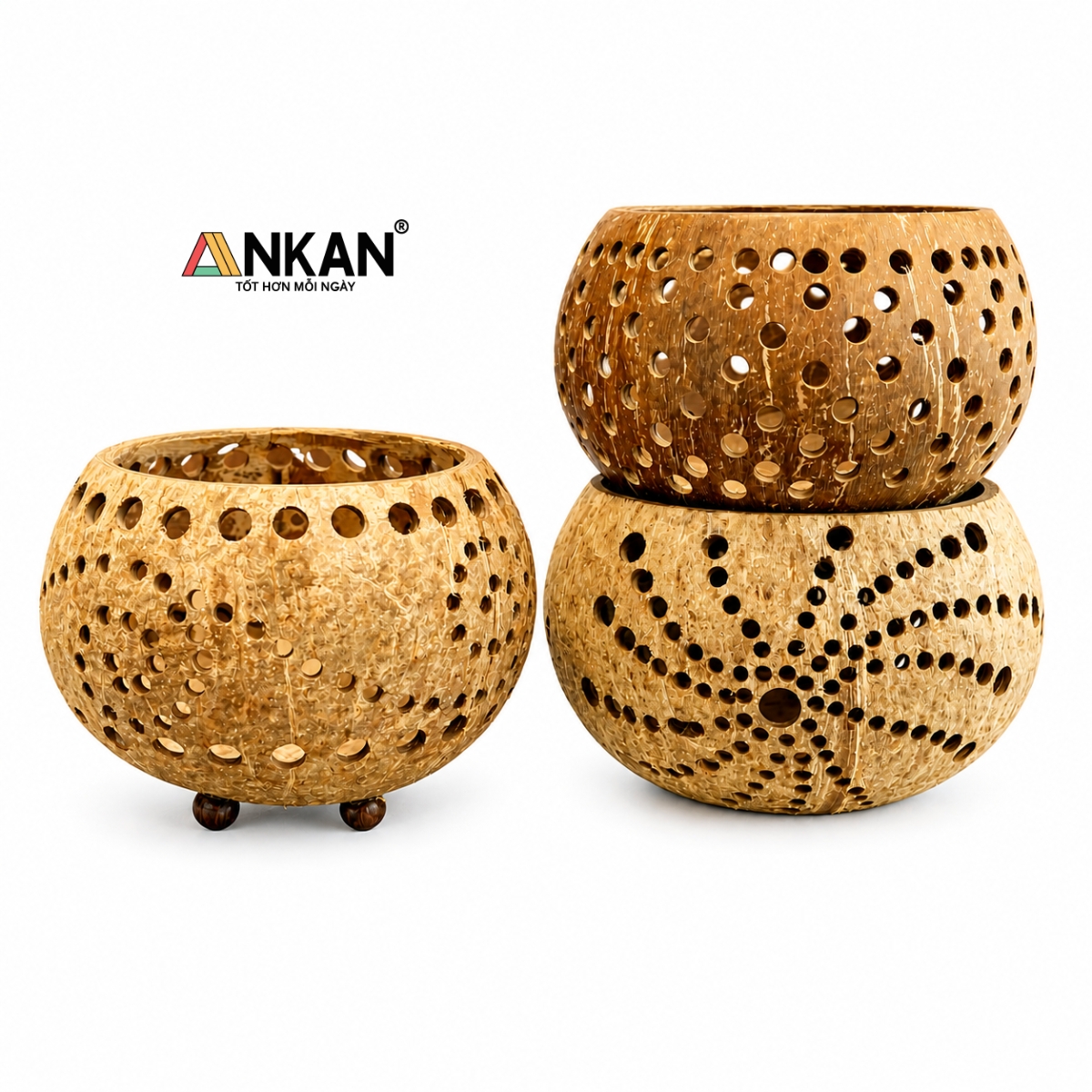 Đèn Tealight Gáo Dừa ANKAN Họa Tiết Mặt Trời Handmade – Decor Trang Trí Không Gian Chill