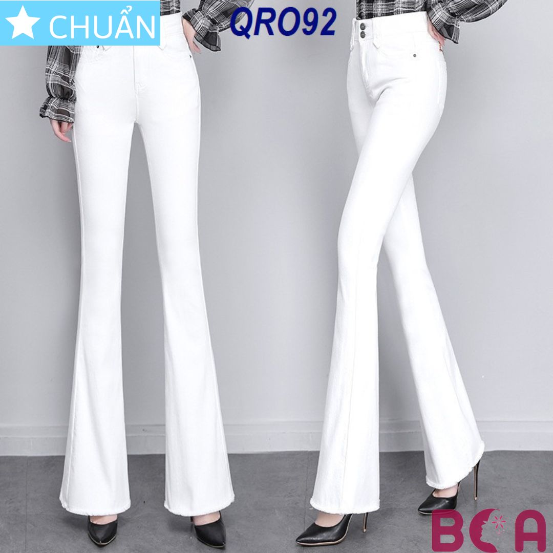 Quần jean nữ ống loe QRO92 ROSATA tại BCASHOP dáng dài thêu hoa, lưng cao 2 nút, phom chuẩn, chất liệu jean - TRẮNG