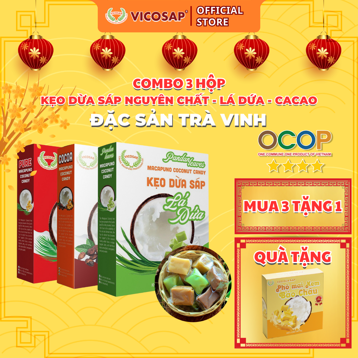 Kẹo dừa sáp VICOSAP vị cacao lá dứa nguyên chất kẹo mềm dẻo ít đường đặc sản Trà Vinh hộp 100g