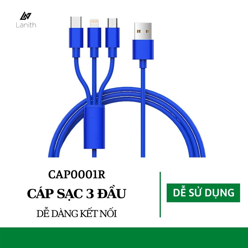 Cáp Sạc Đa Năng, Dây Sạc 3 Đầu Lightning, Micro USB, Type C - Thiết Kế Đẹp Mắt, Tinh Tế - Sử Dụng Cho Hầu Như Các Loại Điện Thoại IOS, Android - Hàng Nhập Khẩu - CAP000001