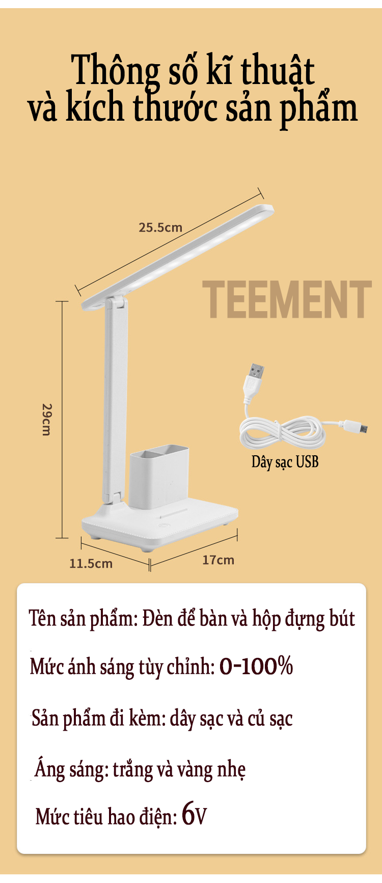 Đèn Bàn Học Đọc Sách Cao Cấp Teement Led Chống Cận 03 Chế Độ Ánh Sáng Vàng Bảo Vệ Mắt- Hàng Chính Hãng