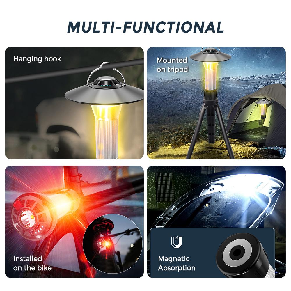 USB Rechargeable Flashlight Waterproof Camping Tent Light Magnetic Work Light with Tripod for Outdoor Camping Emergency